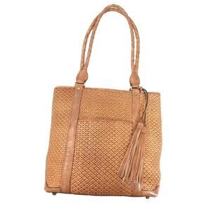 Patricia Nash Rena Woven Leather Tan Brown Tote Shoulder Bag Purse Zip Top